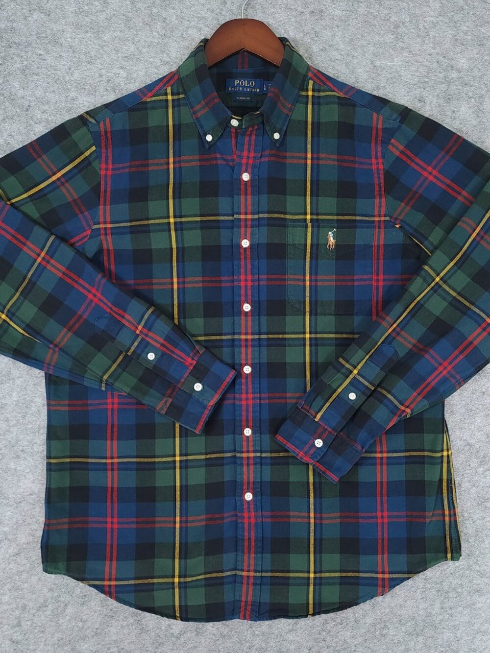 Polo Ralph Lauren Mens Classic Fit Plaid Oxford Shirt Large Green Tartan Pony